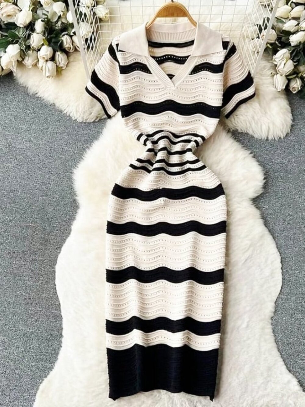 Striped Slim Fit Women's Dress Short Sleeve Fitted Cutout Cocktail Dress